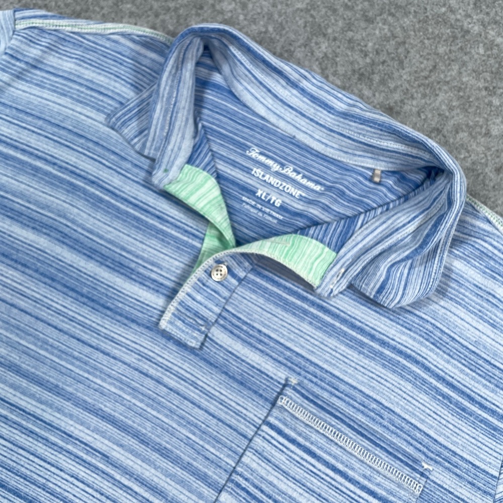Tommy Bahama Mens Polo Shirt XL Blue IslandZone Striped Short Sleeve Stretch